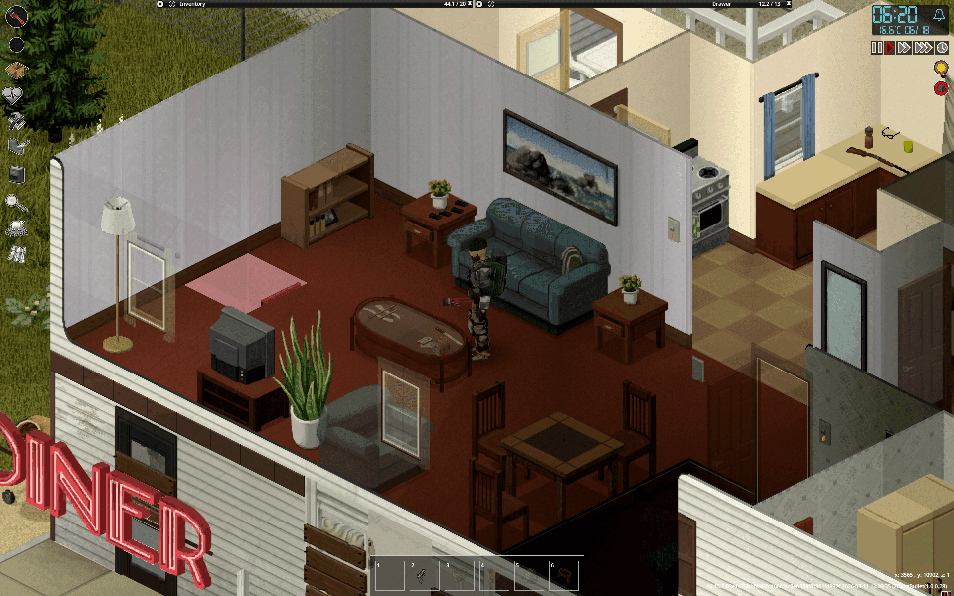 A Project Zomboid interior directly below a rooftop collector, showing the room enclosure.