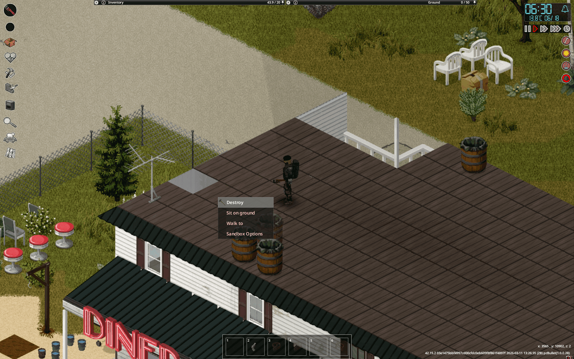 Four rain collectors arranged on a Project Zomboid rooftop above an interior sink.