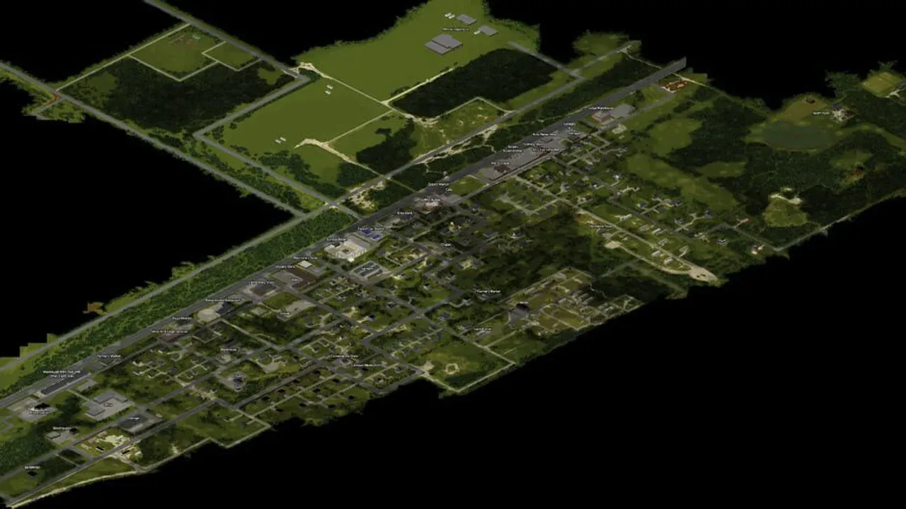 Isometric view of Knox County's roads, neighborhoods, and wooded outskirts in Project Zomboid