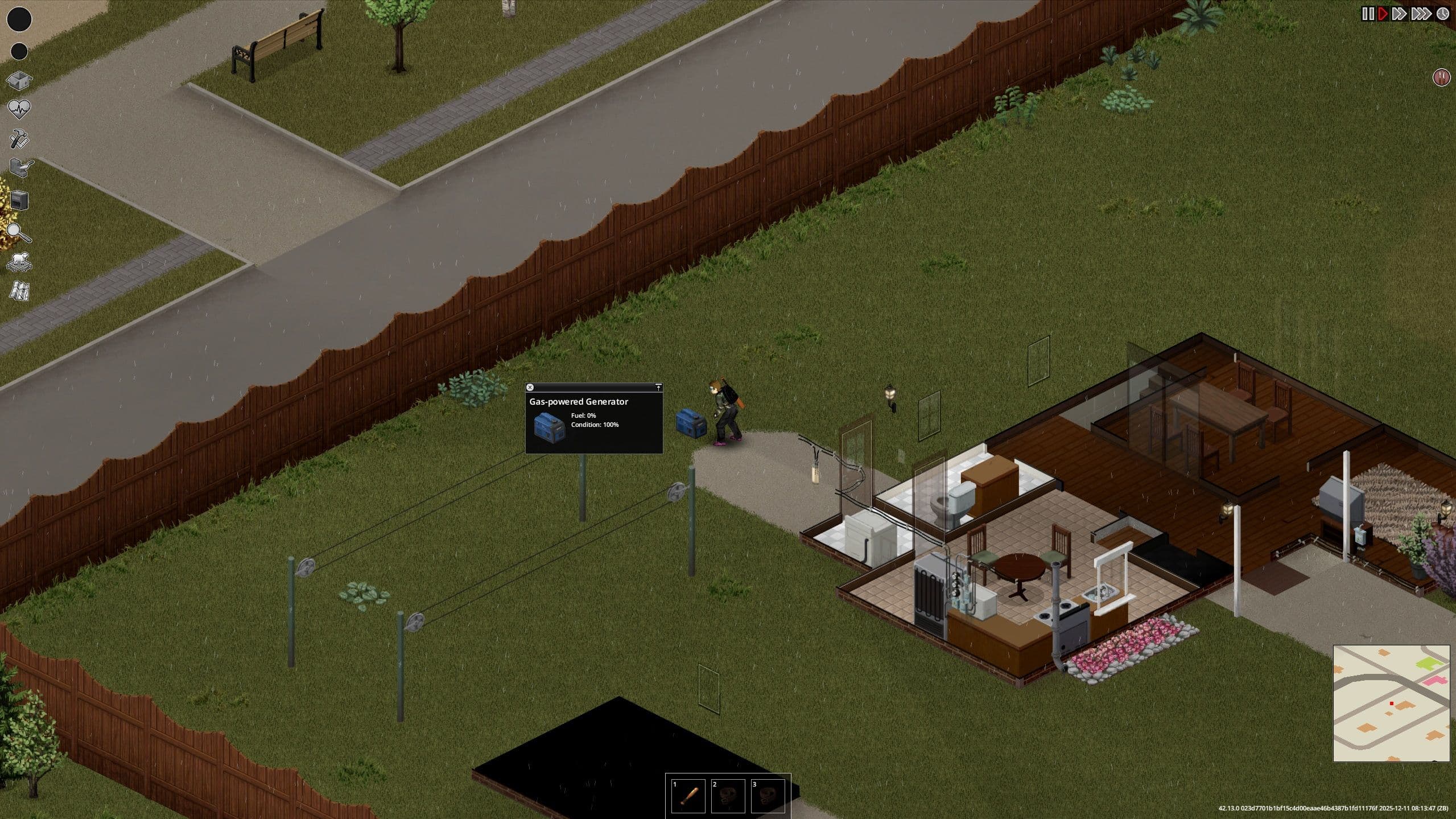 A Project Zomboid generator outside a house with its fuel and condition panel visible