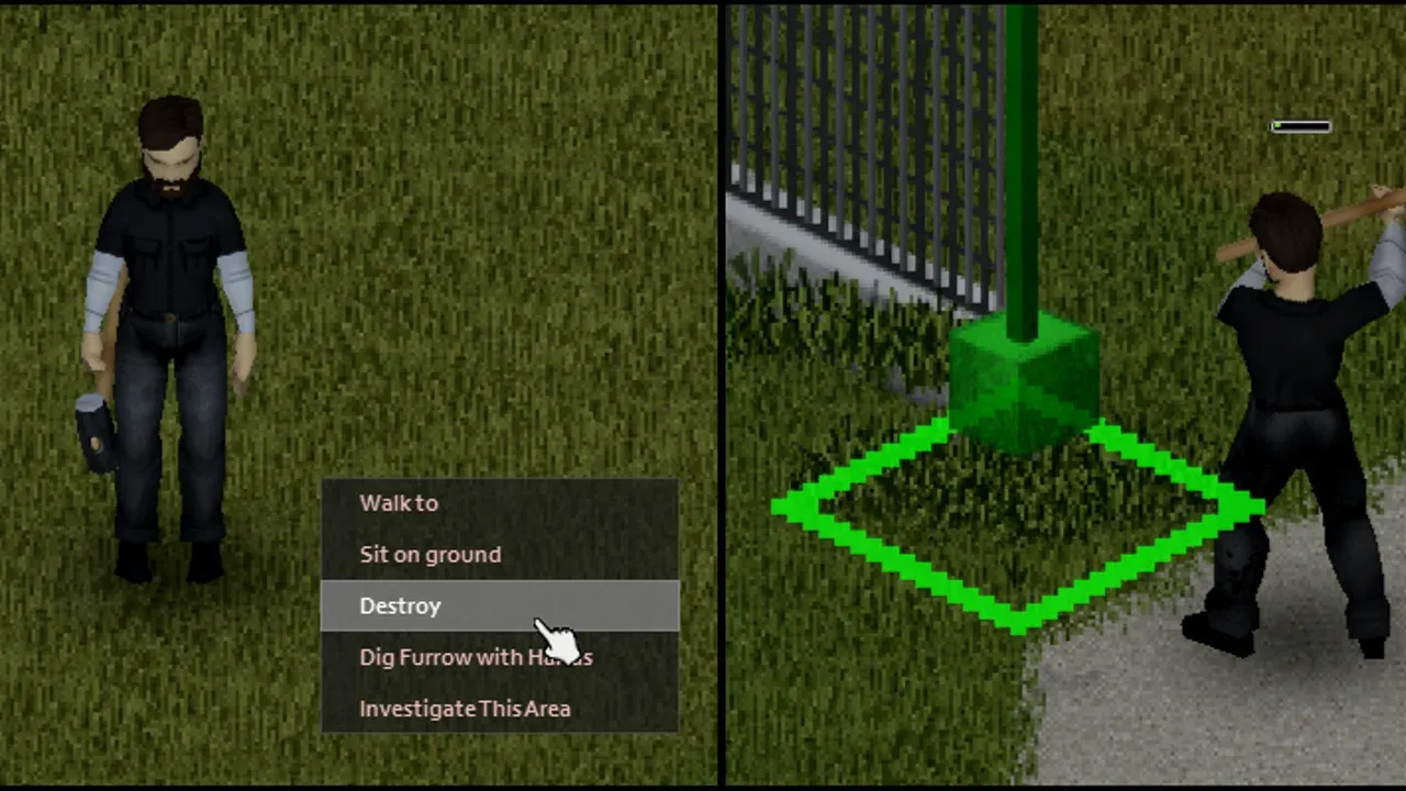 The Project Zomboid right-click menu with the Destroy option highlighted, beside a survivor swinging a sledgehammer at a highlighted target tile.