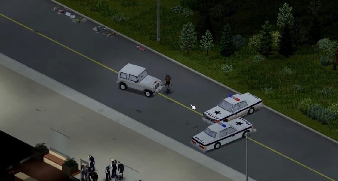 Police vehicles and a road blockade in a dangerous Project Zomboid encounter