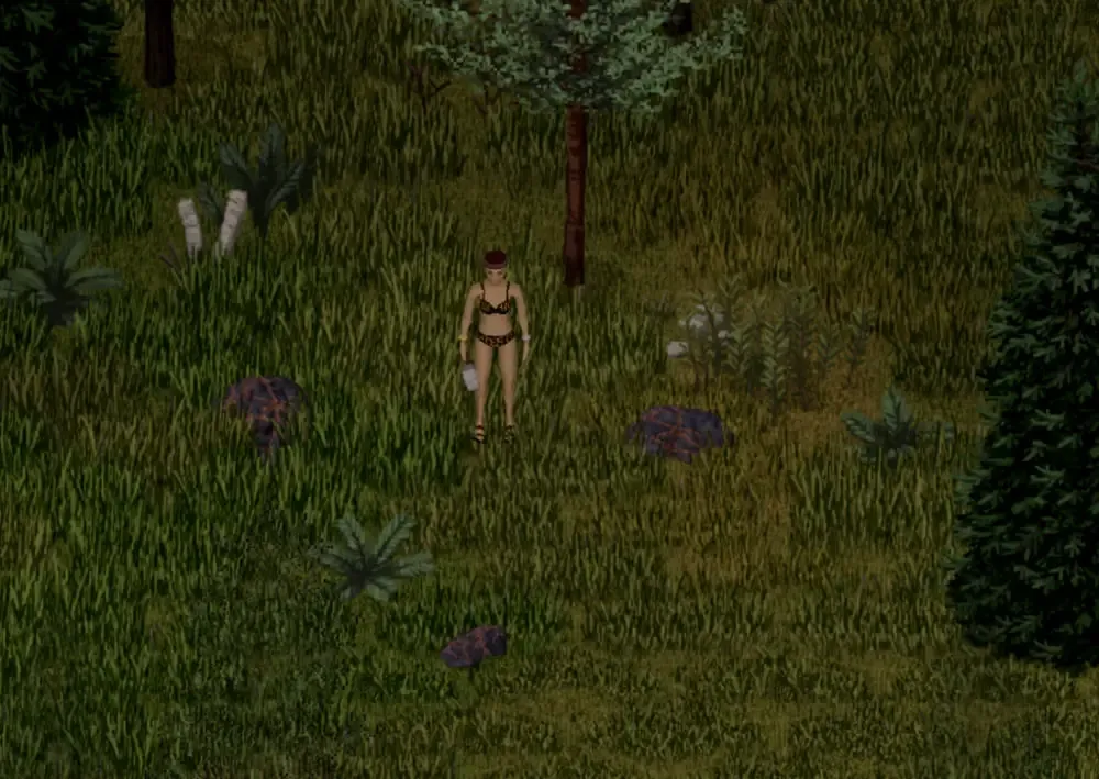 Project Zomboid survivor gathering iron ore in a forest for an early Build 42 forge.