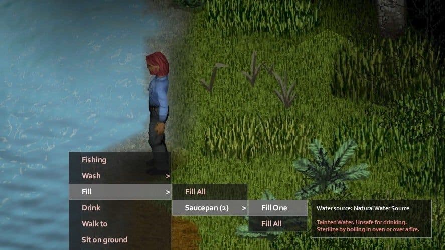 Filling a saucepan from a lake in Project Zomboid, with the tooltip warning that natural water is tainted and must be boiled