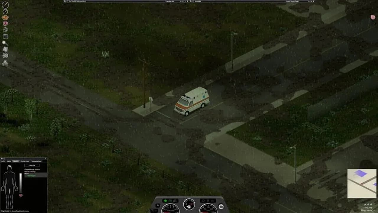 Rain sweeping across Knox Country at night in Project Zomboid, filling every outdoor rain collector