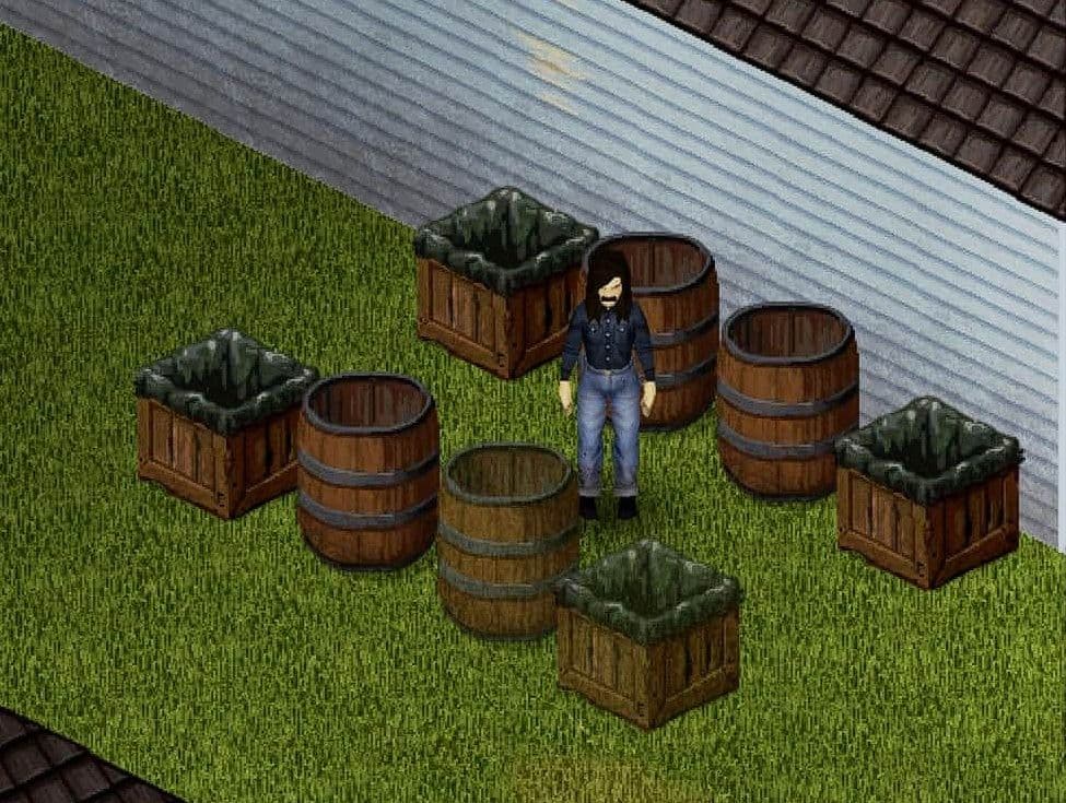 Rain collector crates and rain collector barrels placed outdoors beside a Project Zomboid safehouse