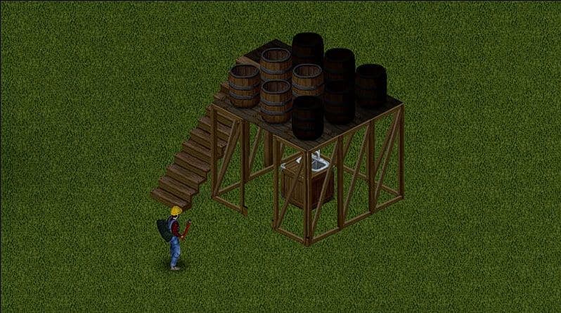 Rain collector barrels plumbed to a sink on the floor below them in Project Zomboid