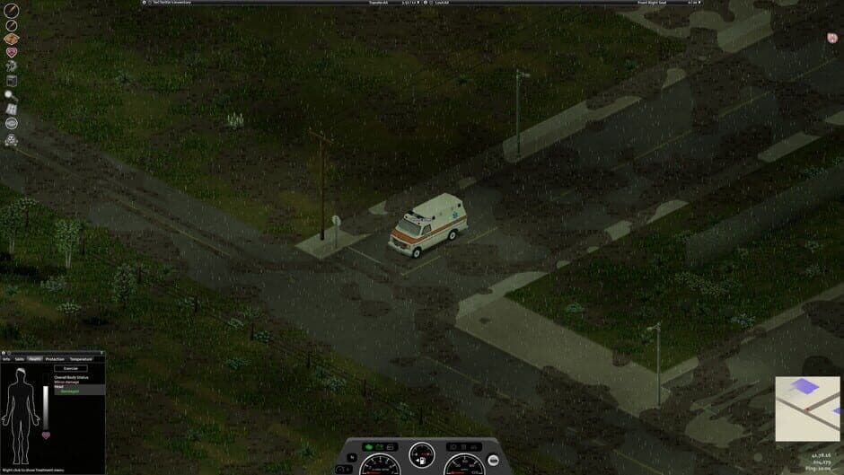Project Zomboid ambulance driving through a rainy road at night