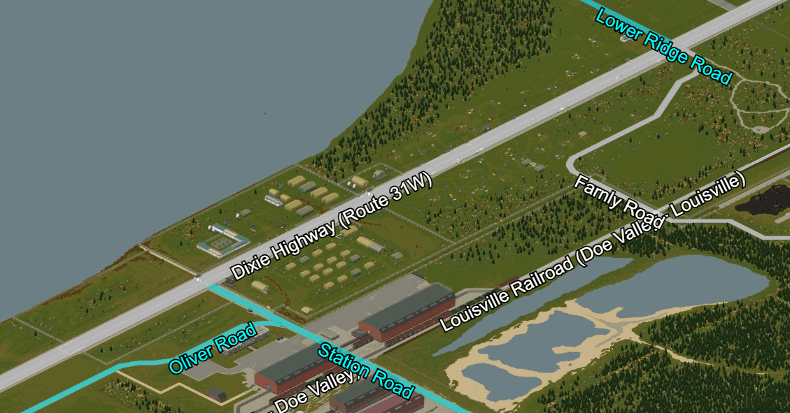 Labelled map of the Project Zomboid Louisville border camp showing Dixie Highway (Route 31W), Farnly Road, the Louisville Railroad and the train yard buildings south of the camp