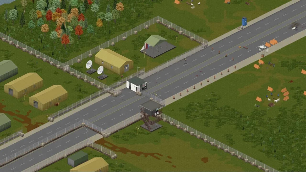 Isometric view of the Project Zomboid Louisville border camp: Dixie Highway running through the military checkpoint, guard tower and gatehouse, army tents behind the wire and refugee tents on the far verge
