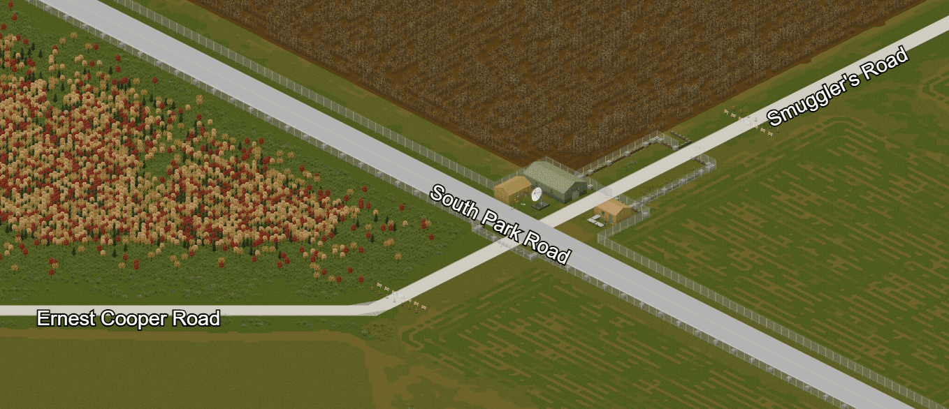 The Ernest Cooper Road checkpoint in Project Zomboid: three small military tents at the junction of Ernest Cooper Road, South Park Road and Smuggler's Road, with the Exclusion Zone fence running past