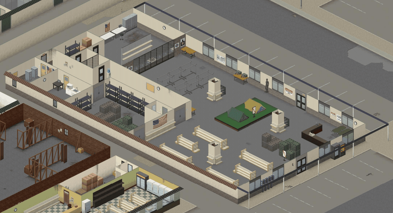Interior of Ready Prep army surplus store in north-west Louisville in Project Zomboid, showing the main shopping floor, tent display, storage rooms and the caged firearms section
