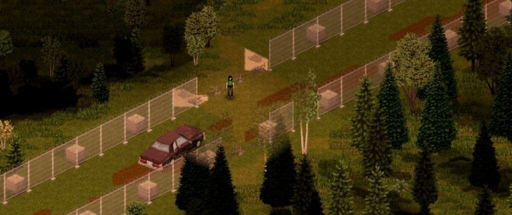 Historical Project Zomboid fence gap with a vehicle near Louisville
