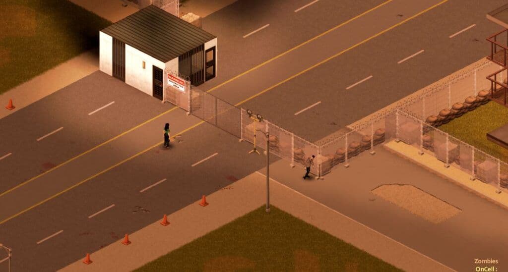 Historical Project Zomboid Louisville road gate with fencing and a guard shack