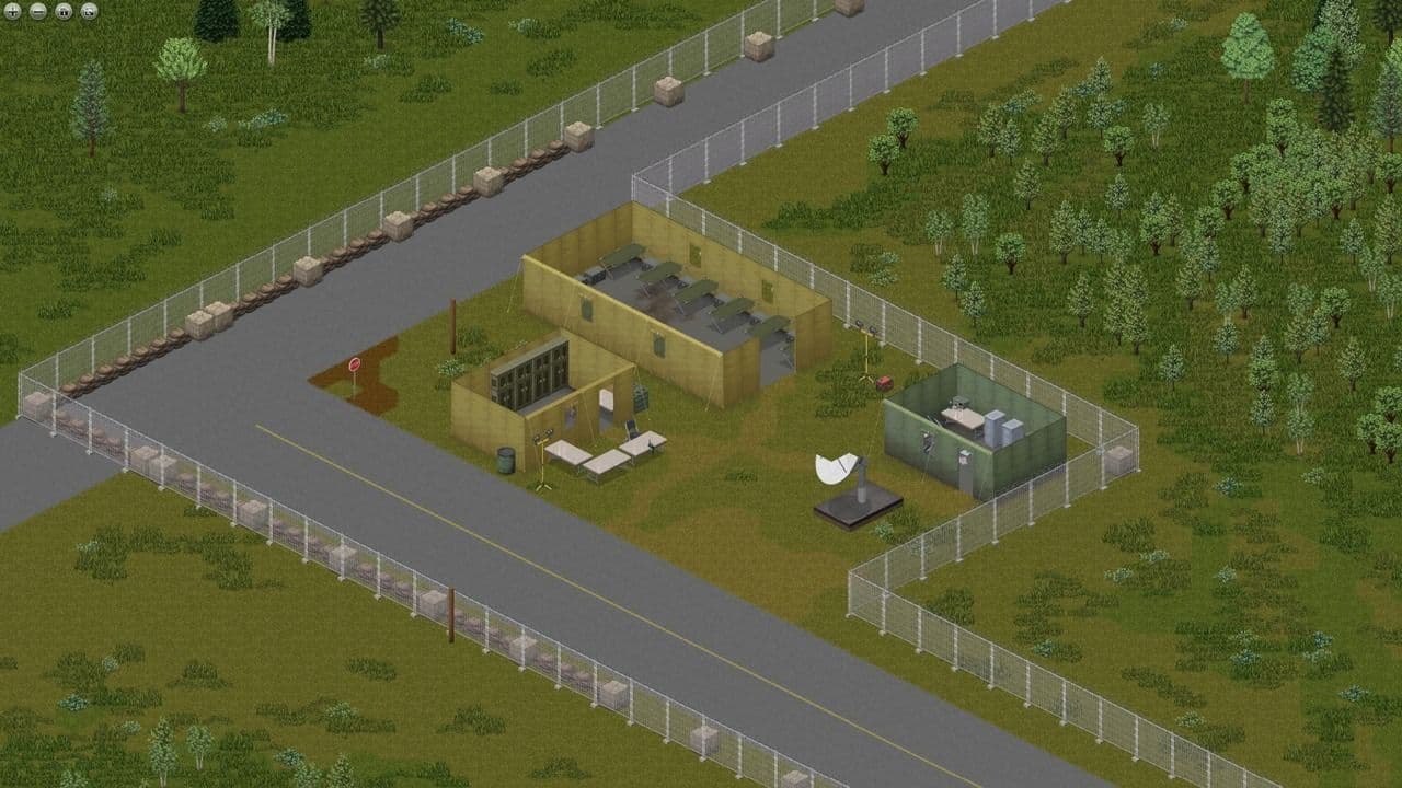 Compact fenced Project Zomboid checkpoint with barracks cots and a communications structure