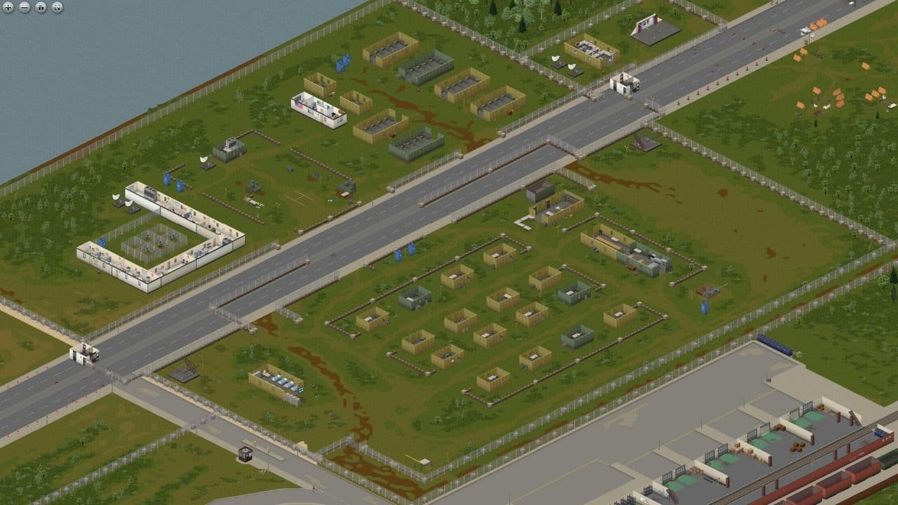Large Project Zomboid military checkpoint with road barriers, fences, and many tents