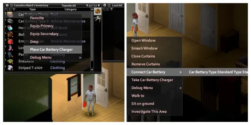 Placed Car Battery Charger on a floor tile with the Project Zomboid context menu open