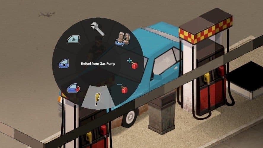 Project Zomboid refuel-from-gas-pump radial menu beside a blue car