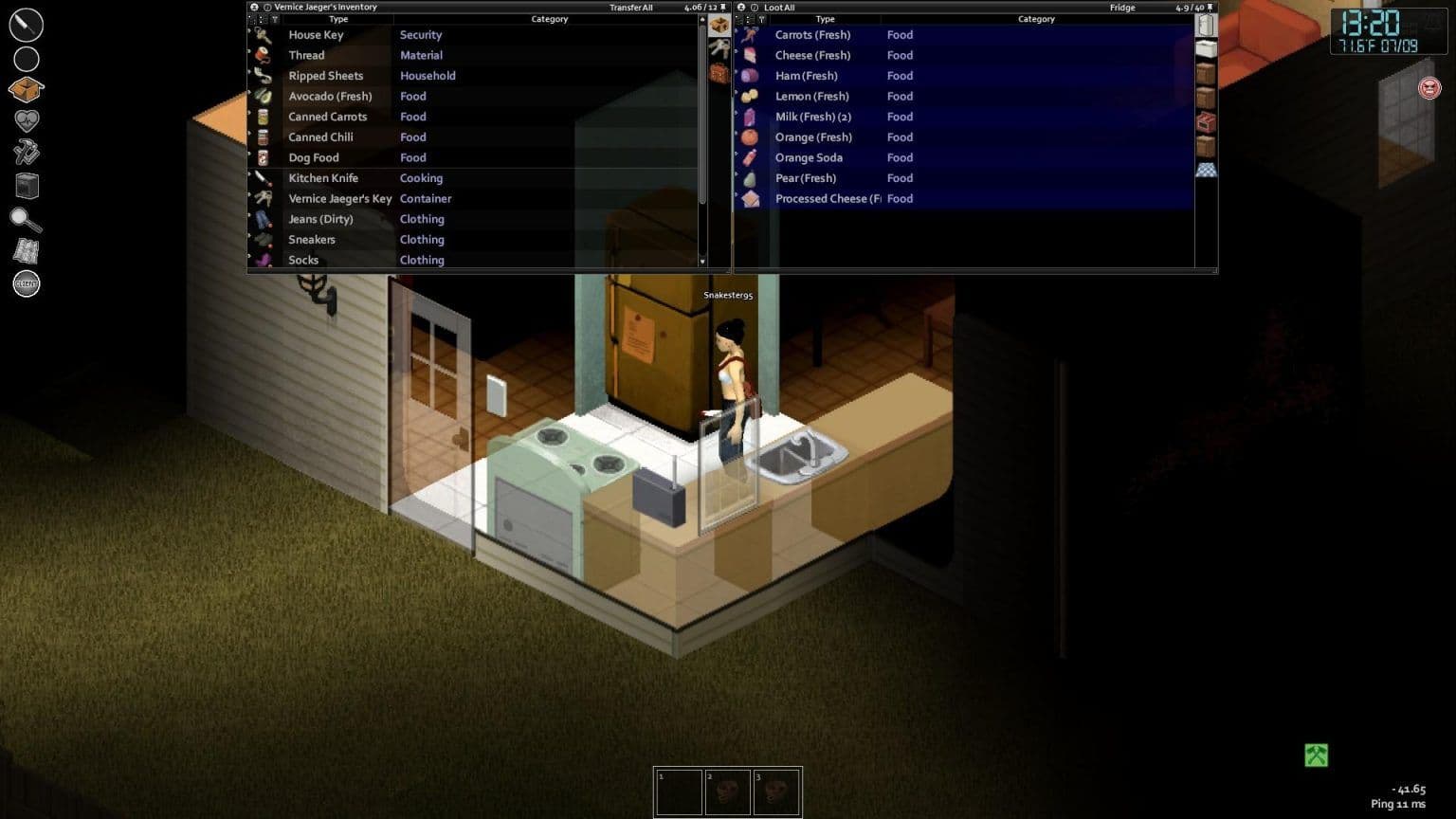 Project Zomboid fridge inventory filled with fresh perishable food
