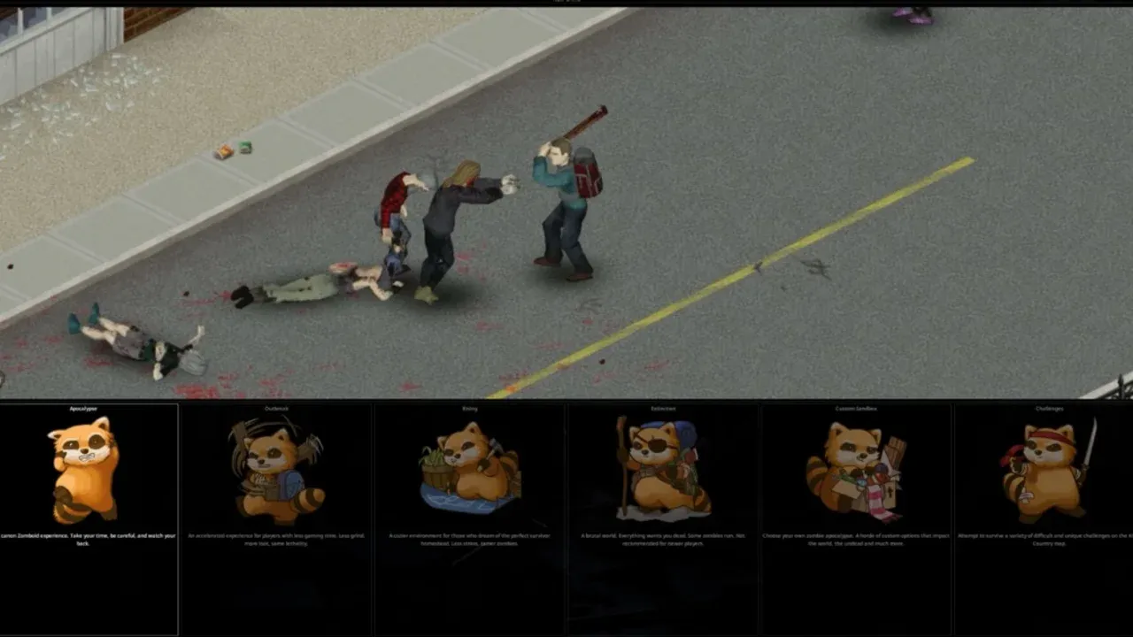 Project Zomboid Build 42 game mode selection screen showing the Apocalypse, Outbreak, Rising, Extinction, Custom Sandbox and Challenges presets