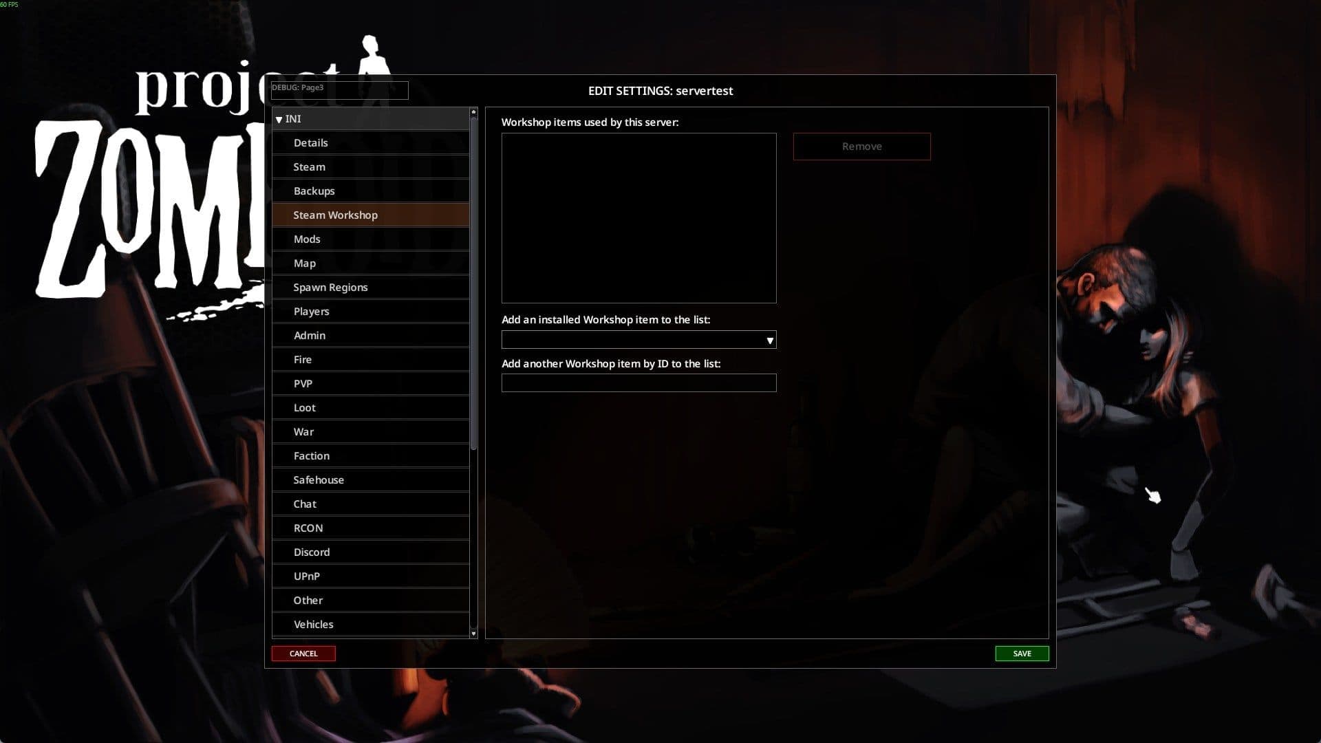 Project Zomboid's in-game Edit Settings panel for the servertest server, showing the Steam Workshop page beside the INI category list with Mods, Map, PVP, War, Faction, Safehouse and RCON