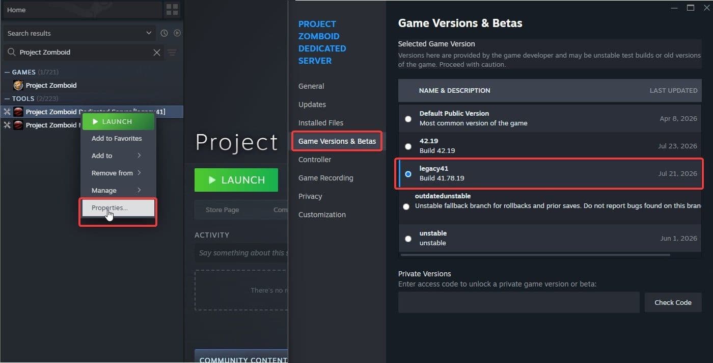 Steam's Game Versions and Betas panel for the Project Zomboid Dedicated Server tool with the legacy41 branch, Build 41.78.19, selected