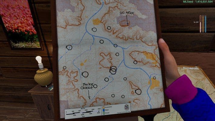 Un jugador examina un mapa de papel en Prologue: Go Wayback para navegar por el desafiante terreno salvaje.
