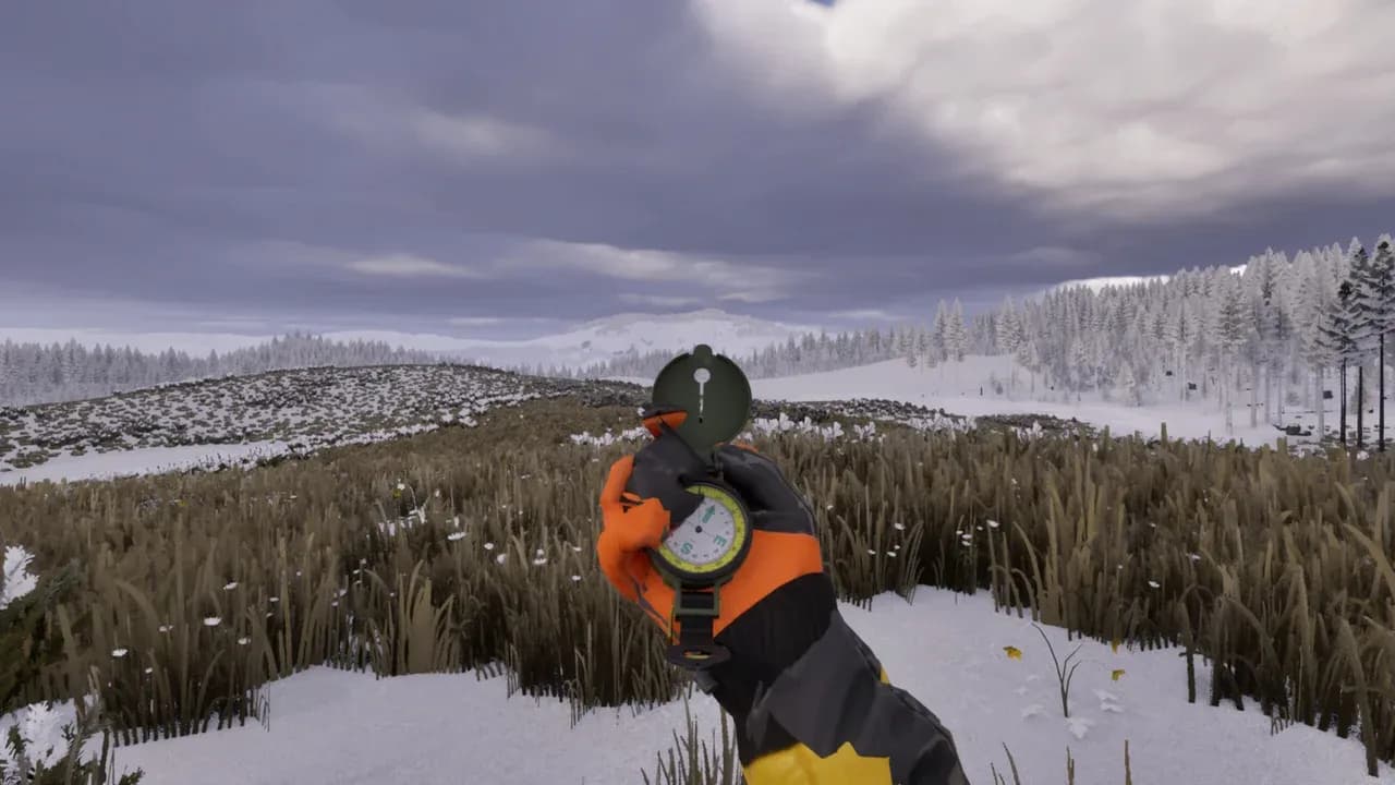 A character in Prologue: Go Wayback! checks a compass and stopwatch while navigating a snowy, rural wilderness.