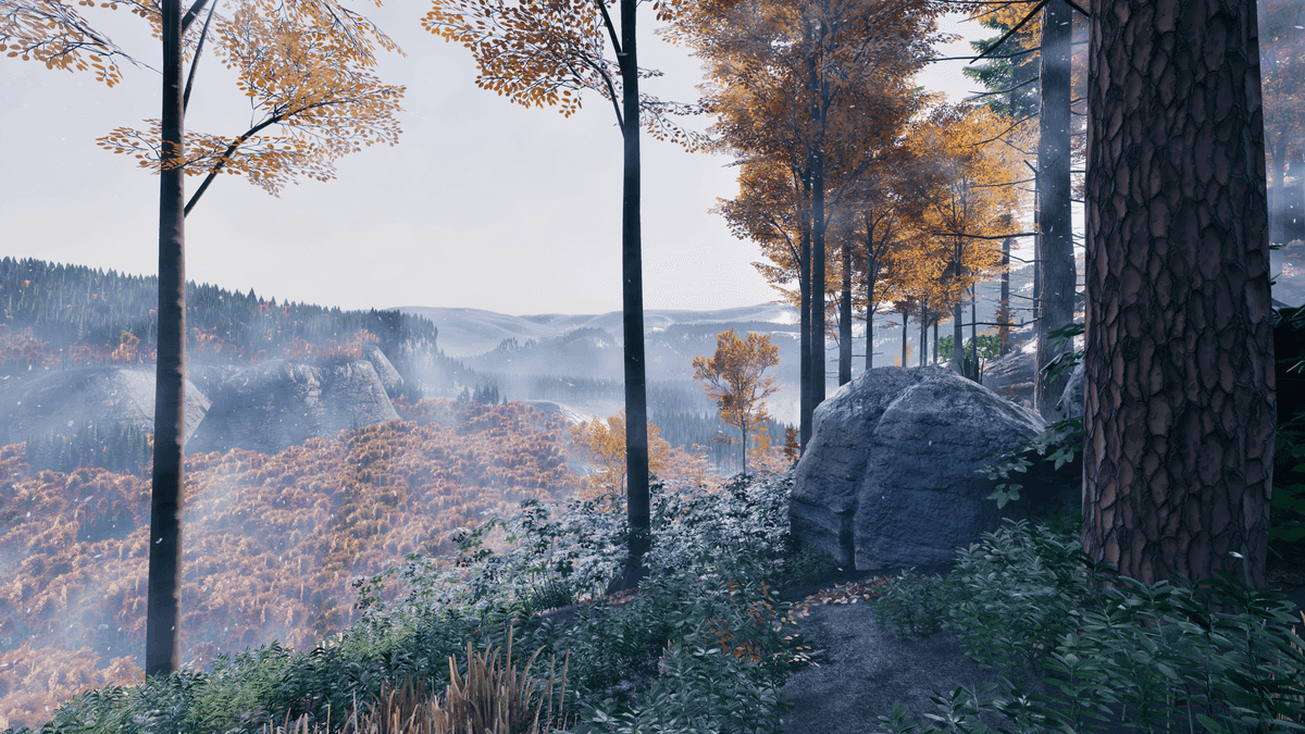 Un paisaje forestal brumoso en Prologue: Go Wayback! que muestra el estilo visual atmosférico del juego.