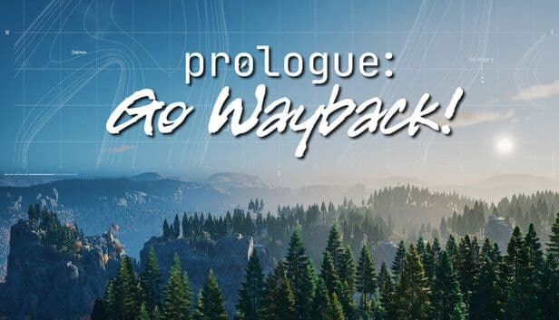 La pantalla de título de Prologue: Go Wayback! muestra un denso bosque de pinos y montañas brumosas.
