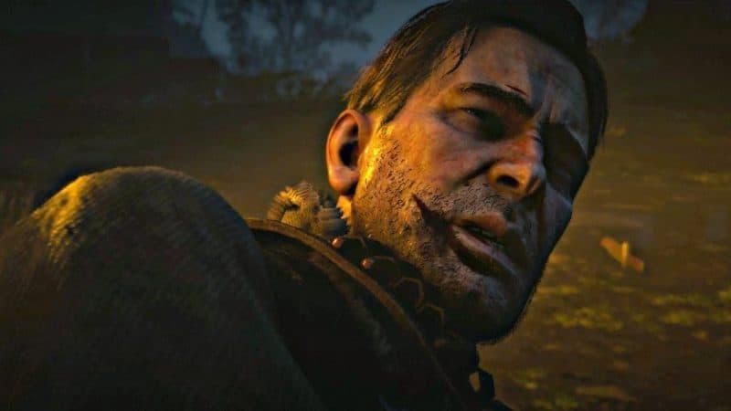 A battered Arthur Morgan in a tense moment during the final confrontation of Red Dead Redemption 2.