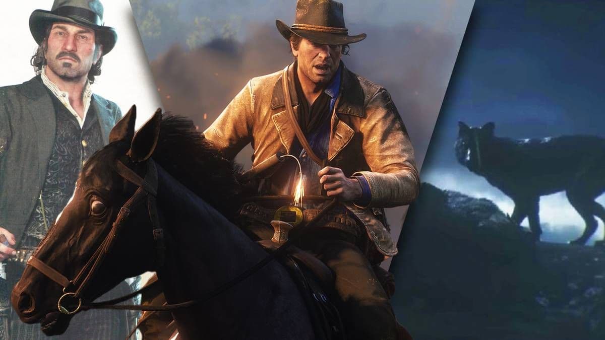 Dutch and Arthur stand near a wolf in Red Dead Redemption 2, highlighting the low honor theme.