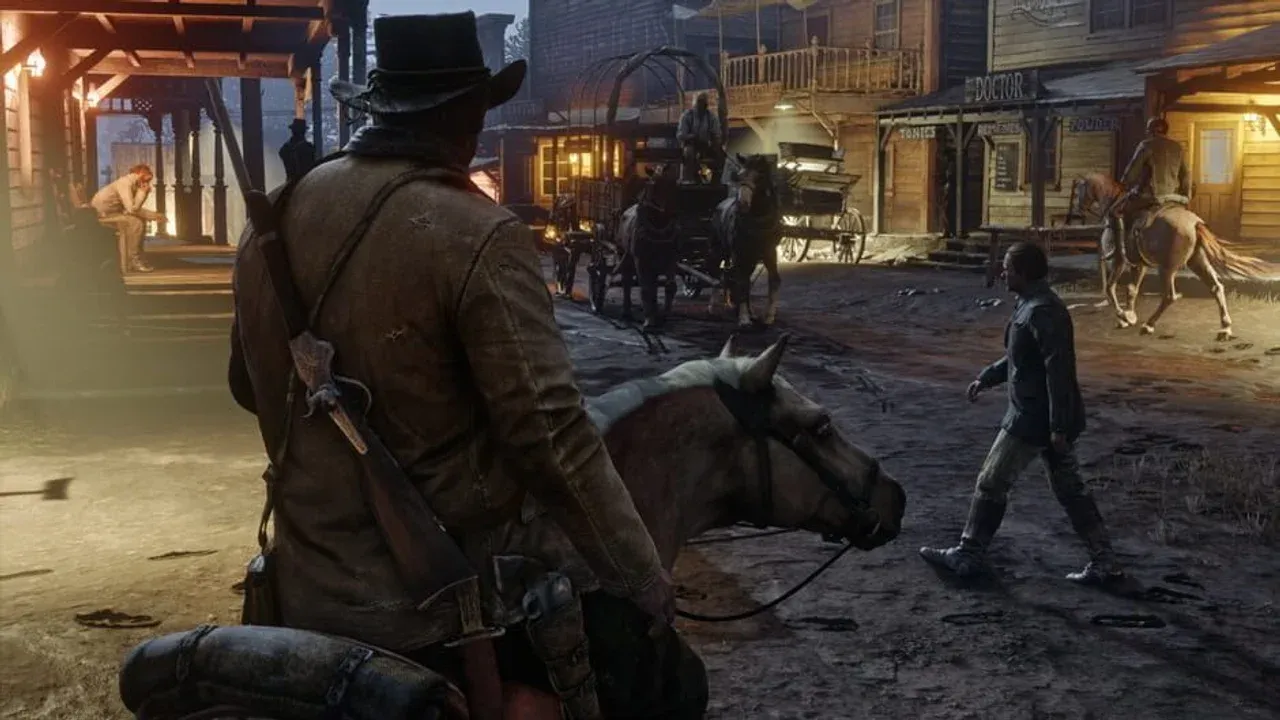 Arthur Morgan riding through the wilderness, a key setting for gaining honor in Red Dead Redemption 2.
