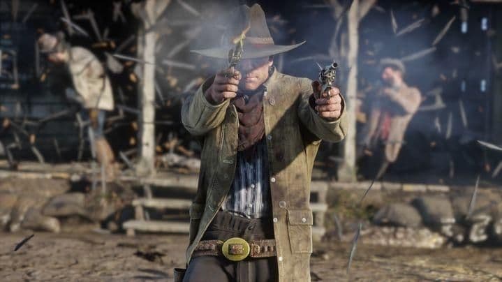Arthur Morgan empuña dos revólveres durante un intenso tiroteo en Red Dead Redemption 2.