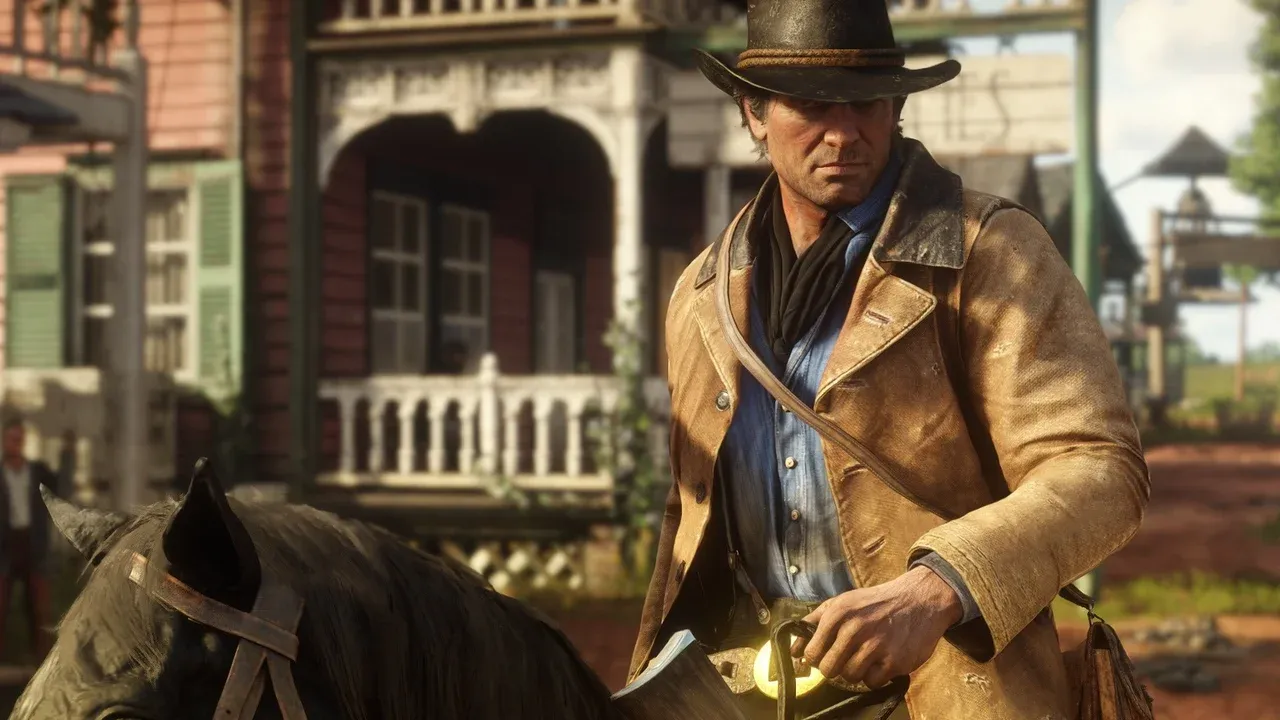 A rugged cowboy rides through a detailed Wild West town in Red Dead Redemption 2's immersive world.