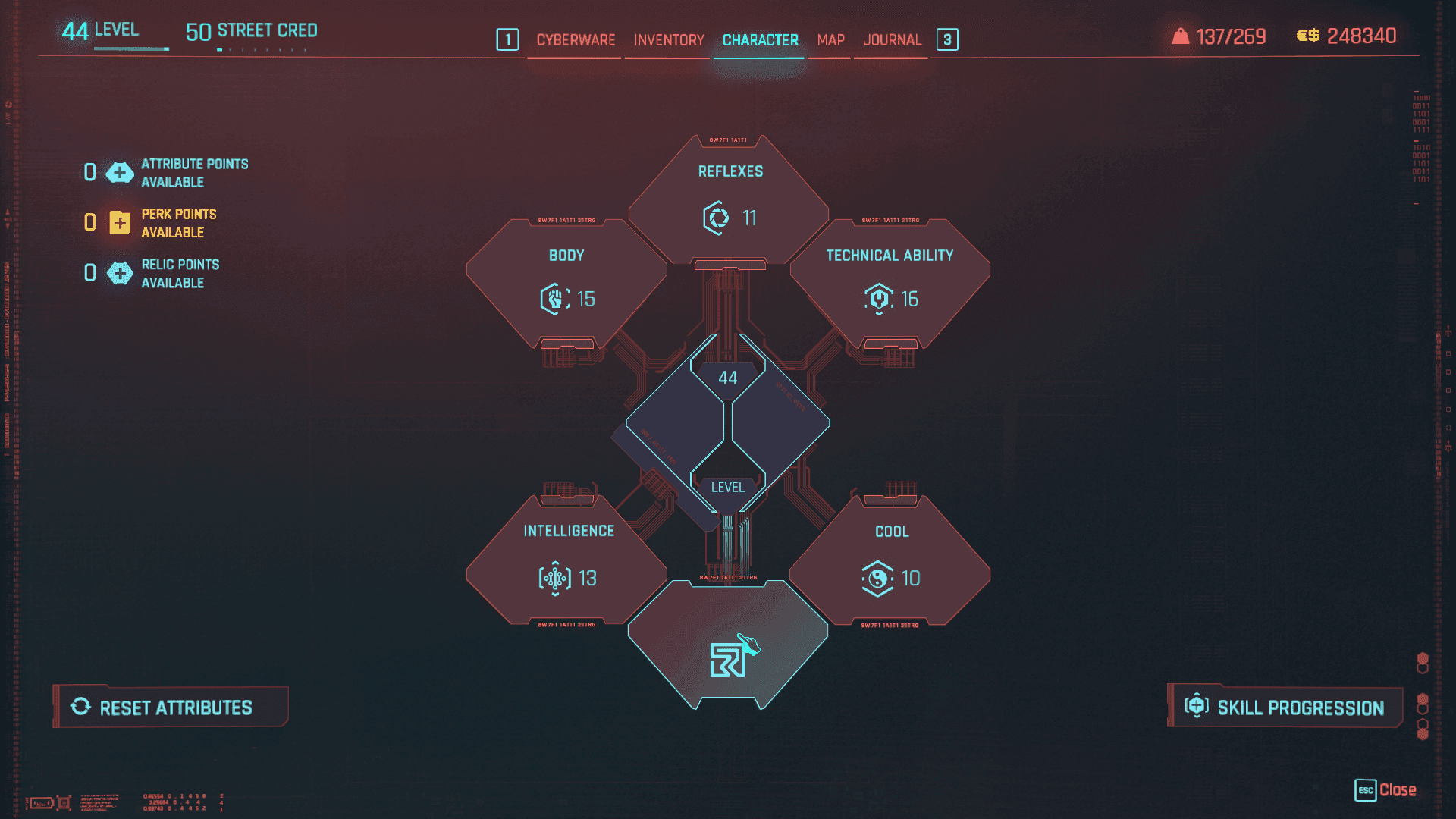 Cyberpunk 2077 Character menu showing the Reflexes attribute after Update 2.0