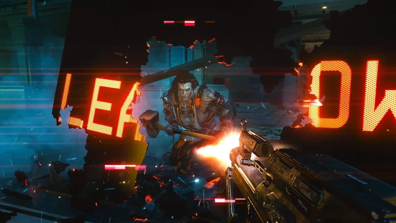 A heavily augmented cyberpsycho charges V through broken neon signage.