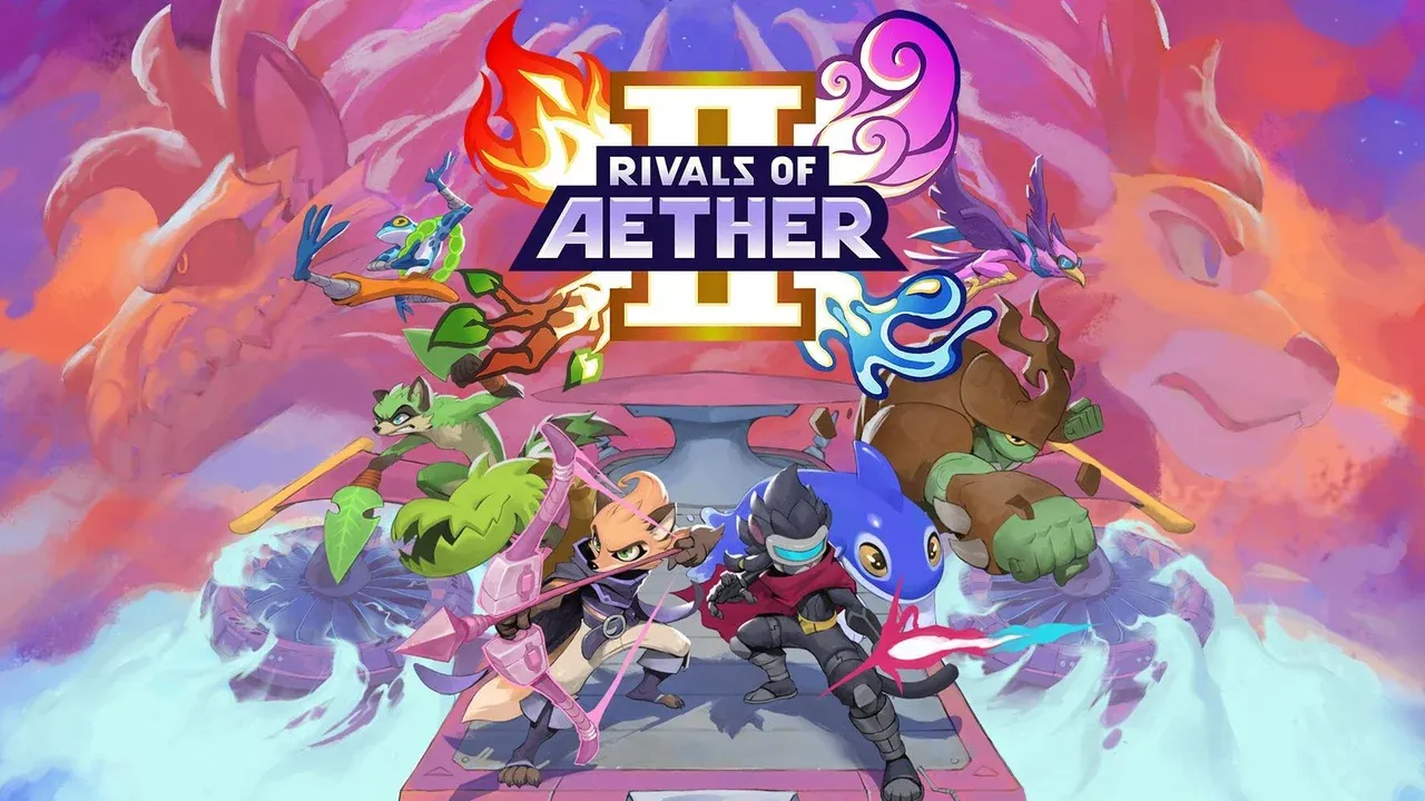 The Rivals of Aether II logo is displayed over a vibrant illustration of anthropomorphic fighters in a cloud-filled sky.