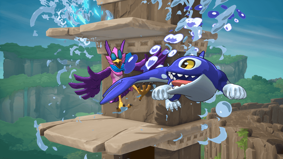 A bird fighter and dolphin fighter face off in Rivals of Aether II showcasing new shield mechanics.