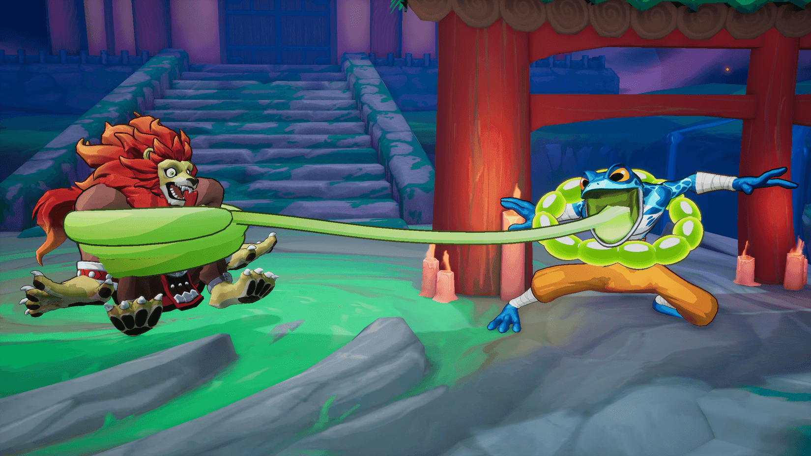 Rivals of Aether II gameplay featuring Ranno in a match designed to evoke Super Smash Bros Melee.