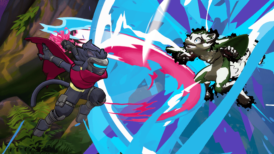 Two feline fighters leap at each other with colorful attack effects in Rivals of Aether II.