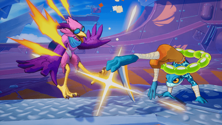 A bird-like creature battles a lizard-like fighter in a colorful Rivals of Aether II arena.