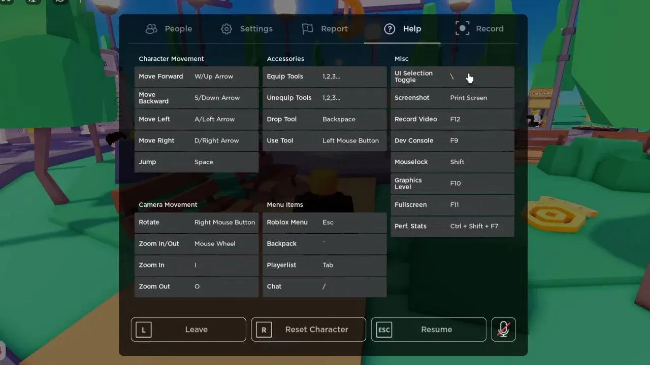 A comprehensive Roblox control menu overlay showing keyboard shortcuts for character movement and camera navigation.