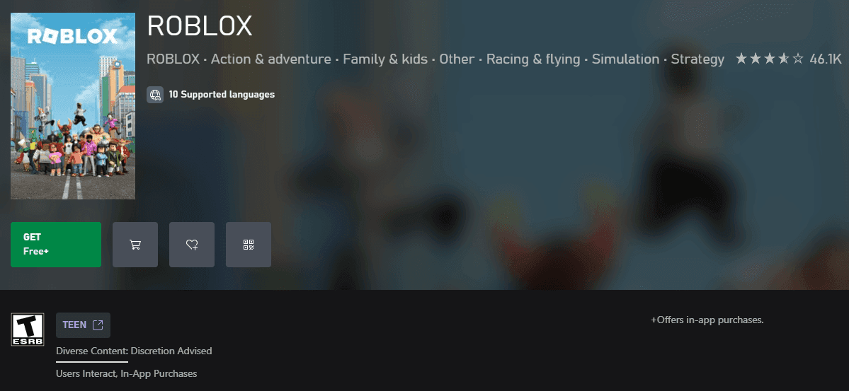 The Roblox store listing on Xbox showing the game's rating and availability across different platforms.
