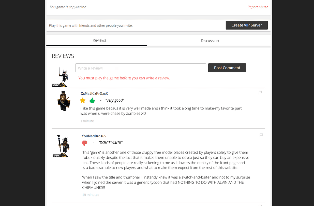 The Roblox game review interface displays community feedback and star ratings for user-created experiences.