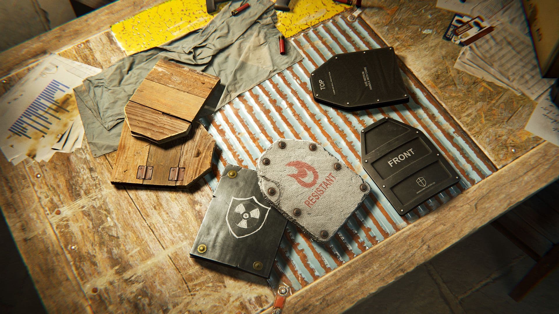 Armor inserts and crafted armor pieces on a Rust workbench.