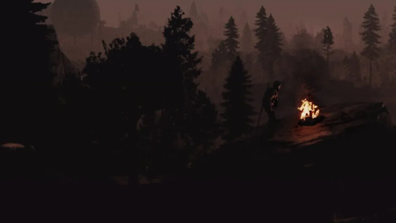Rust survivor beside a campfire in a forested wilderness