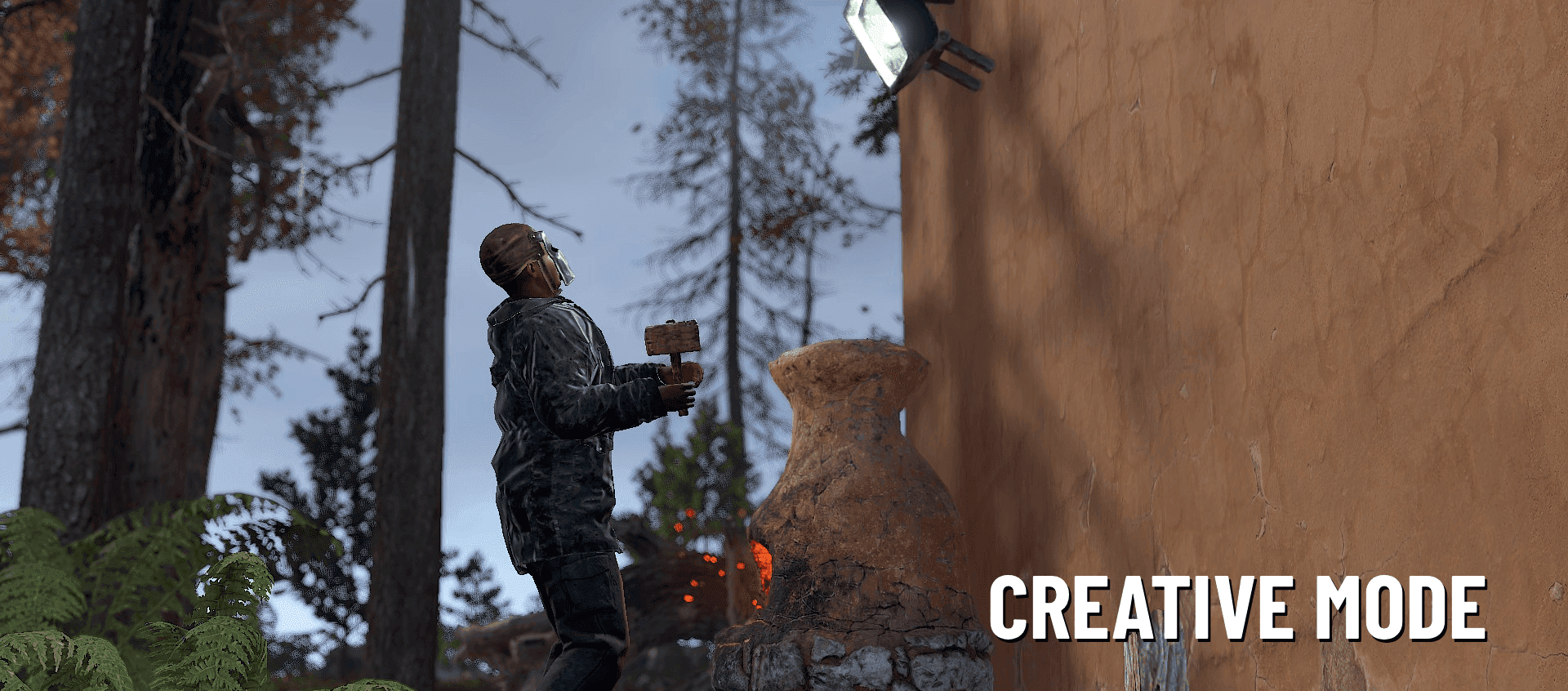 Rust Creative Mode scene with a player using a hammer beside a furnace and wooden wall