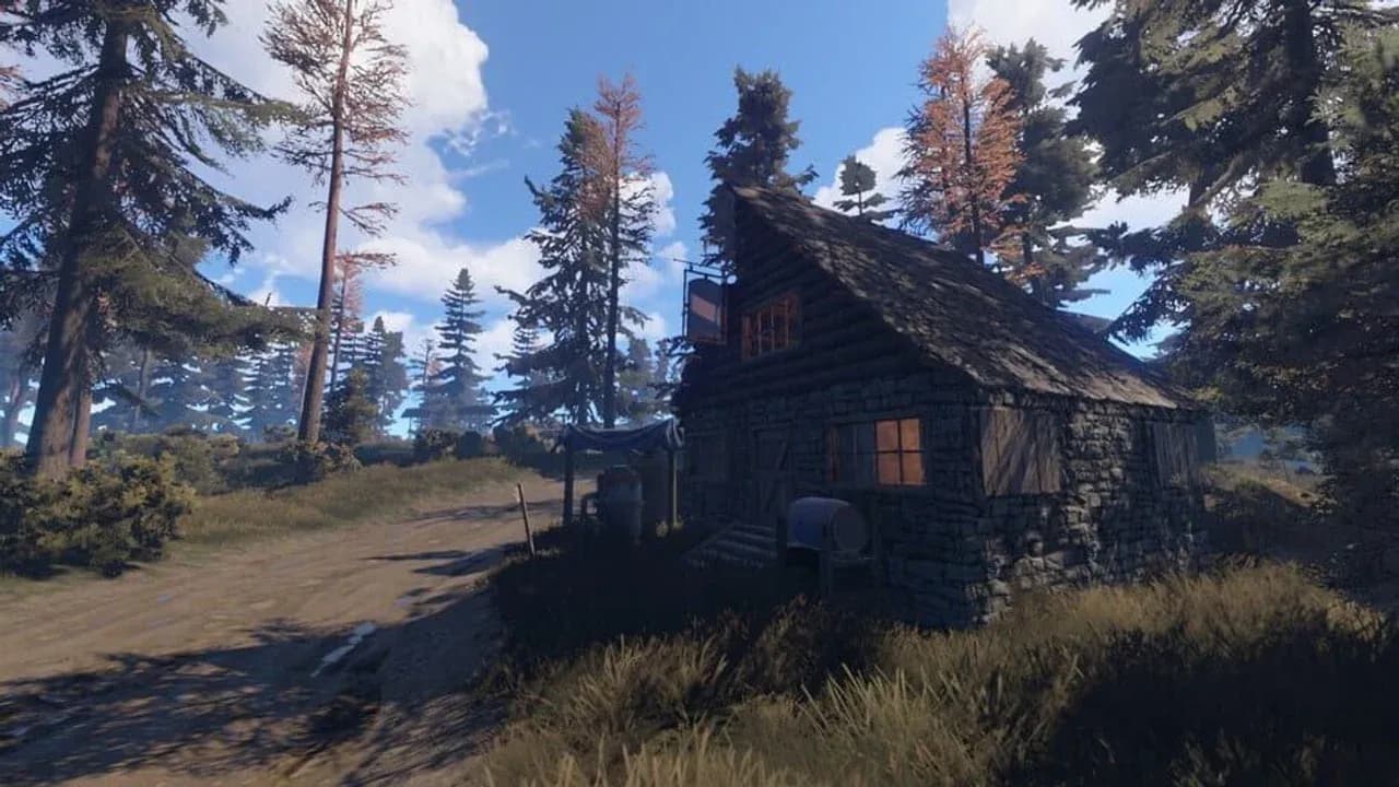 Rust stone base in a forest clearing, illustrating a finished build layout