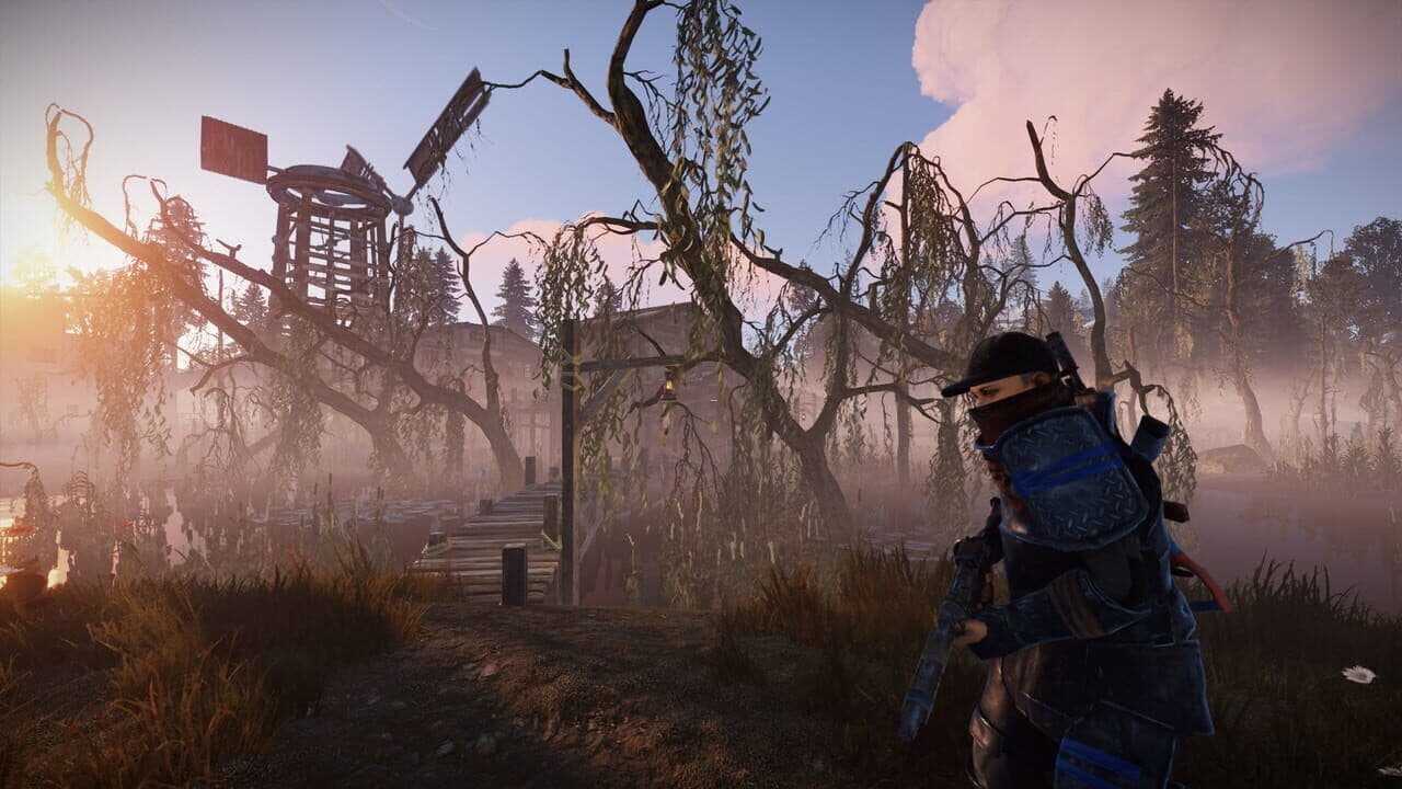 A Rust survivor standing at a misty water's edge at dawn, where rain and river crossings fill the wetness bar